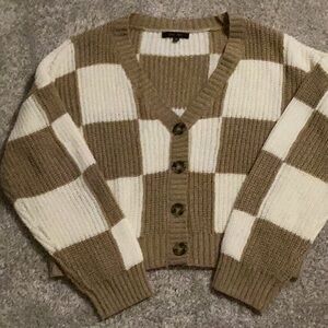 Brown and white checkered thick knit cardigan worn once in brand new condition